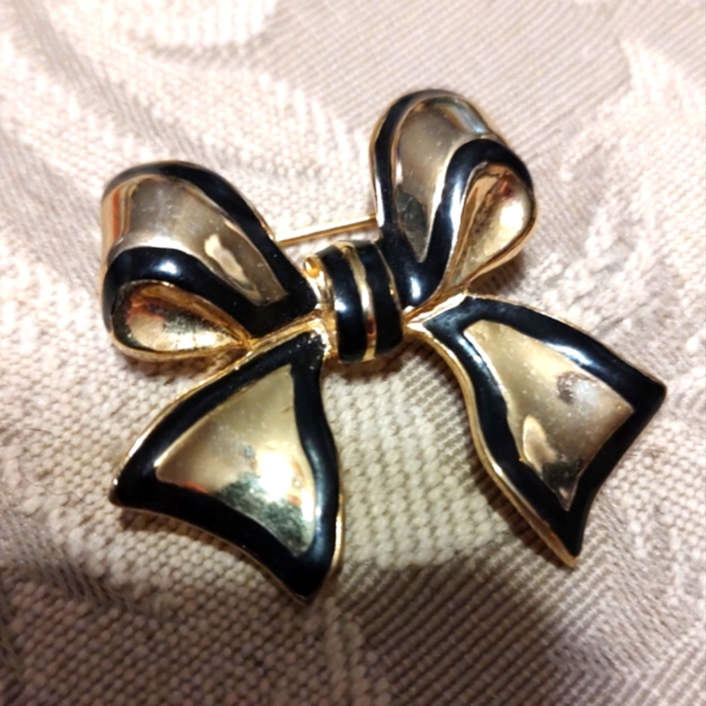 🔸🖤🔸Adorable Vintage 80's Black & Gold Ribbon Bow Brooch - Picture 7 of 13